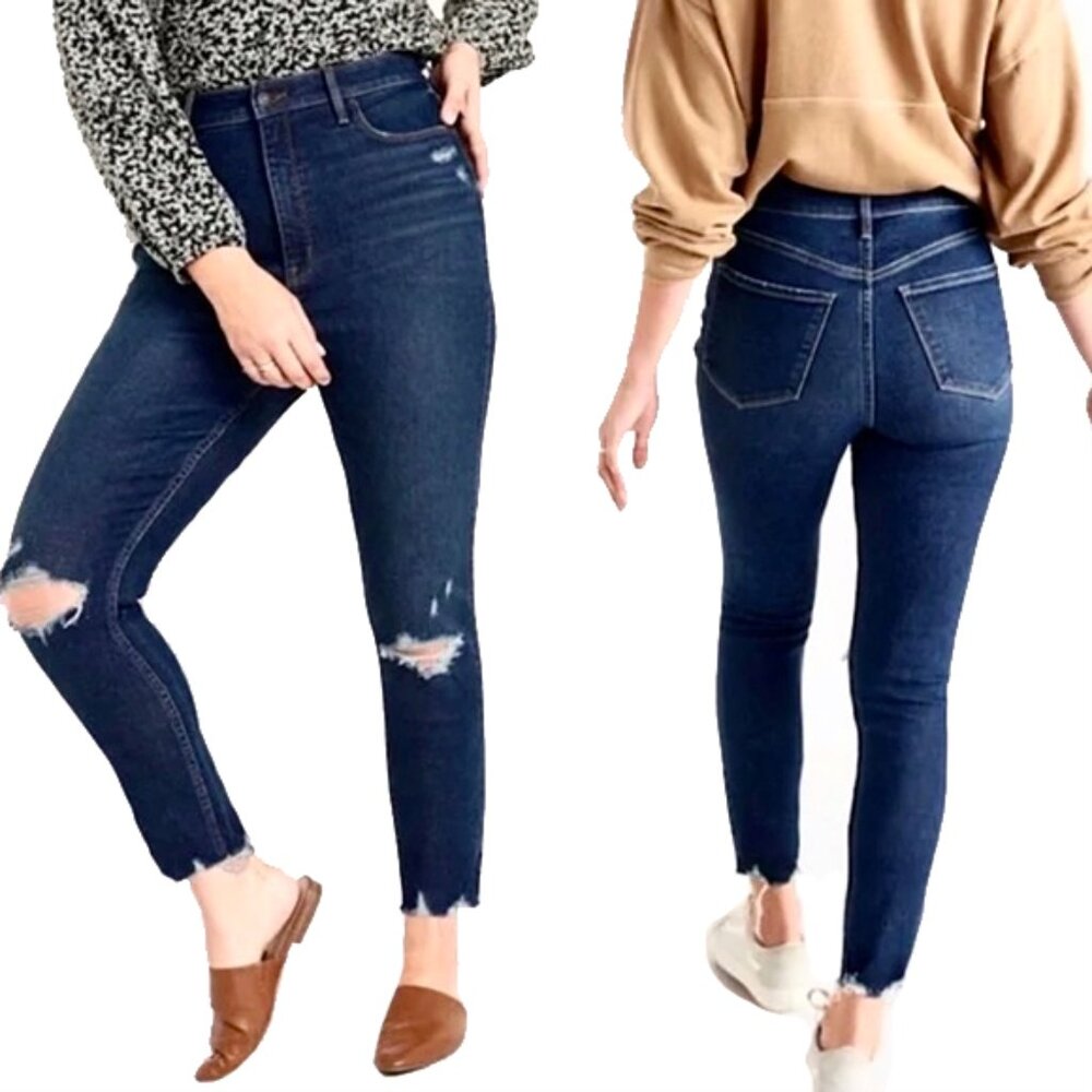 old navy | dark blue extra high waisted rockstar 360° skinny ripped ankle jeans